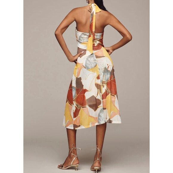 Anthropologie Sarah Hann Blythe Halter Mesh Midi Dress Size M Yellow Pattern - Picture 2 of 10